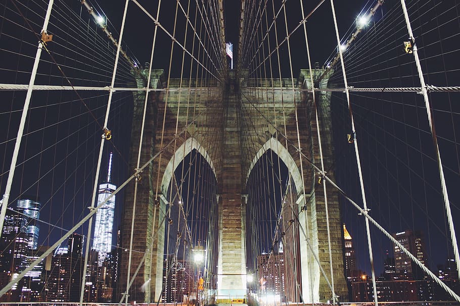 gray, concrete, bridge, nighttime, brooklyn bridge, new york, pillar, pylon, cables, manhattan