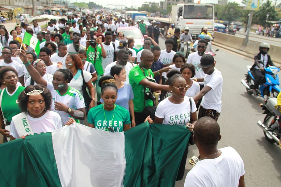nigeria, green walk, independence, people, crowd, protest, large group of people, group of people, real people, men