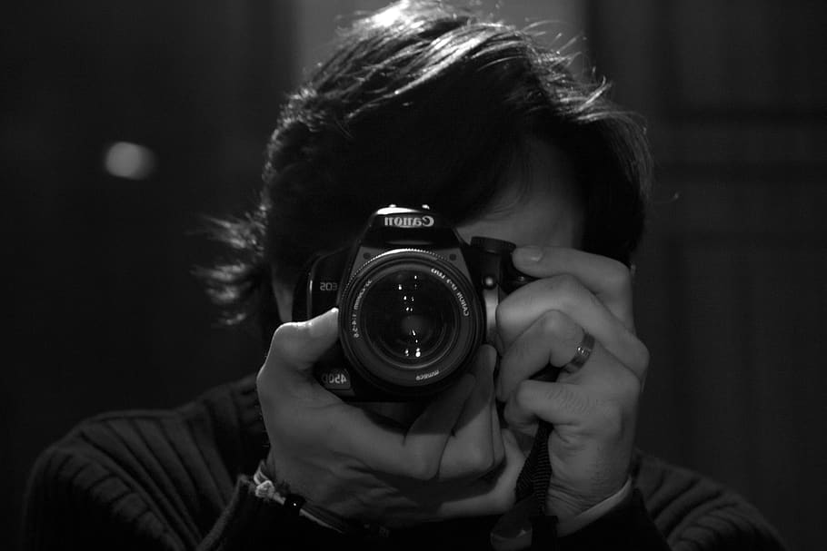 fotógrafo, cânone, auto-retrato, câmera digital, reflexo, fotografia diferente, espelho, foto, câmera, atividade