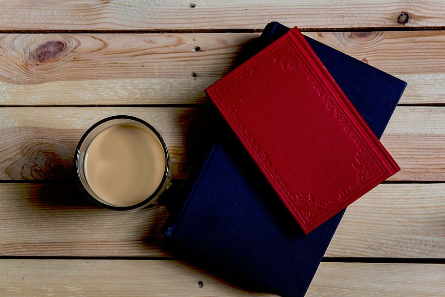 red, book, top, blue, cup, desk, table, notebooks, planner, glass
