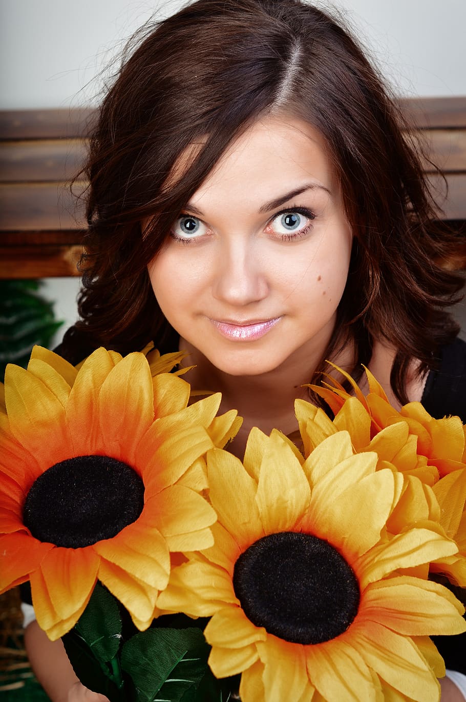 sunflowers, girl in the sunflowers, beautiful, blue-eyed, blue eyes, model, girl, portrait, view, woman