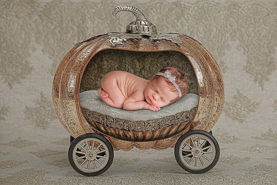 sleeping, baby, inside, carriage, newborn, pumpkin, infant, kid, girl, cute