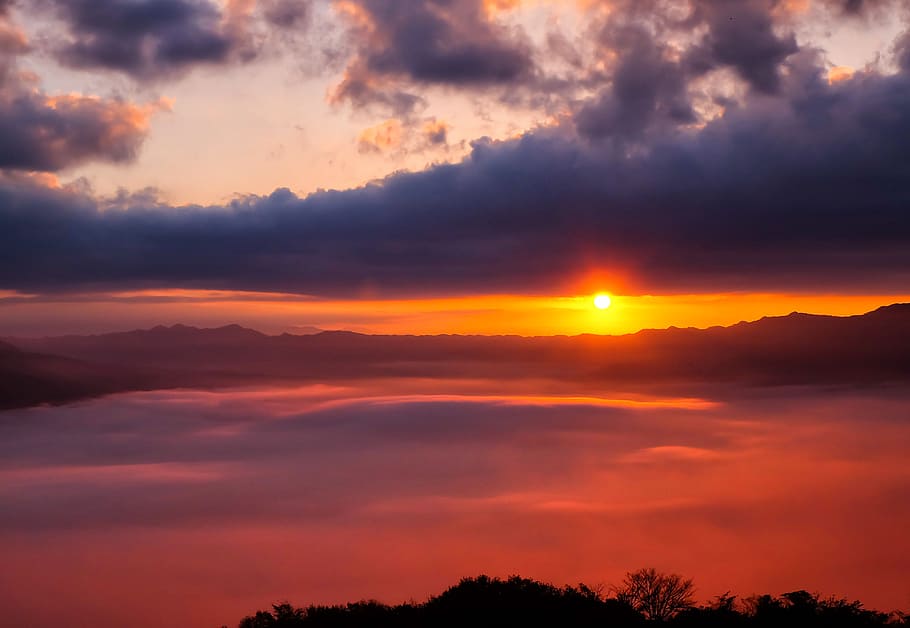 fotografía del atardecer, mar de nubes, japón, kumamoto, aso, nube, somma, sol, caldera, asahi