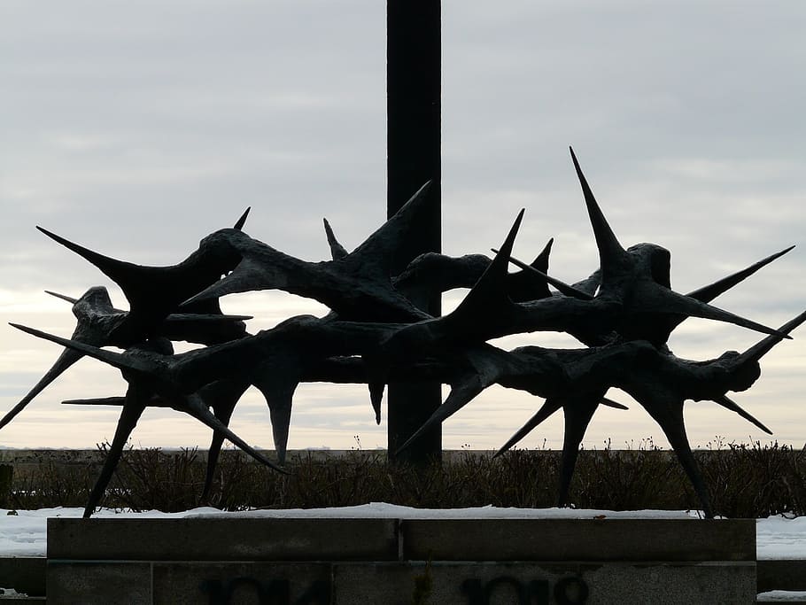 foto en escala de grises, estatua, blanco, nubes, azul, cielo, corona de espinas, metal, lerchenberg, cementerio de guerra