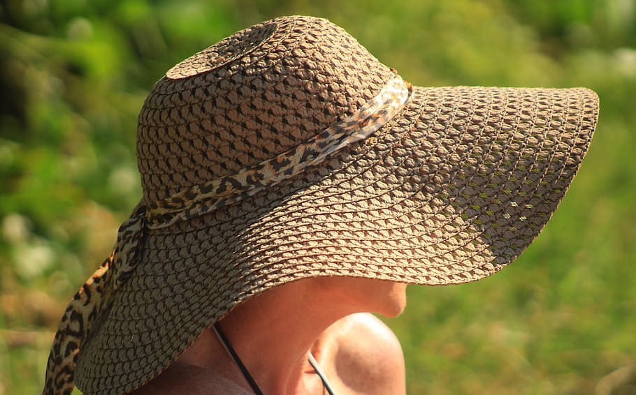 selective, focus photo, person, wearing, taupe sunhat, woman, woman in hat, lady, hat, clothing