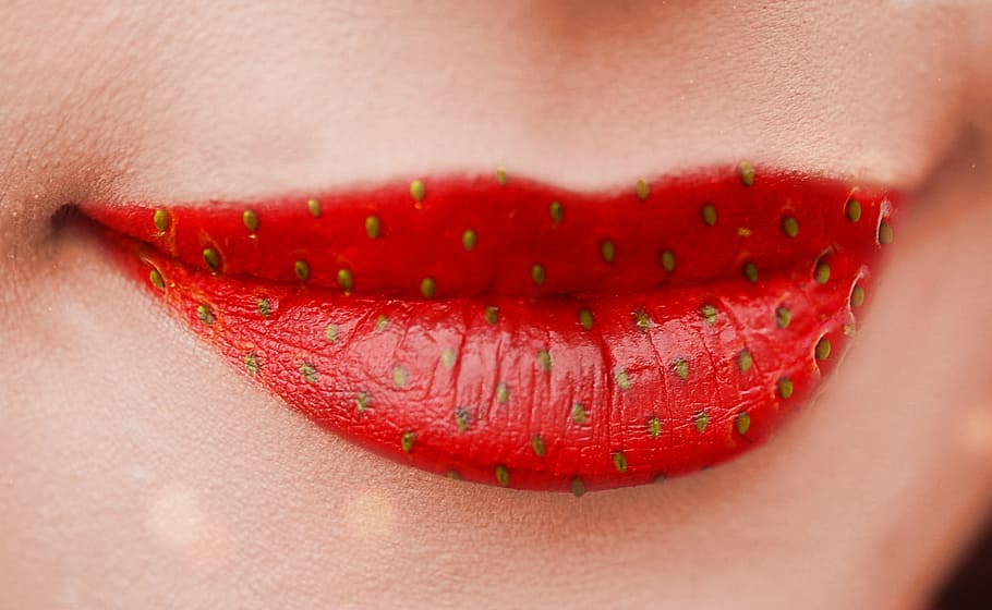 untitled, mouth, lips, face, skin, woman, strawberry, lipstick, kiss, red
