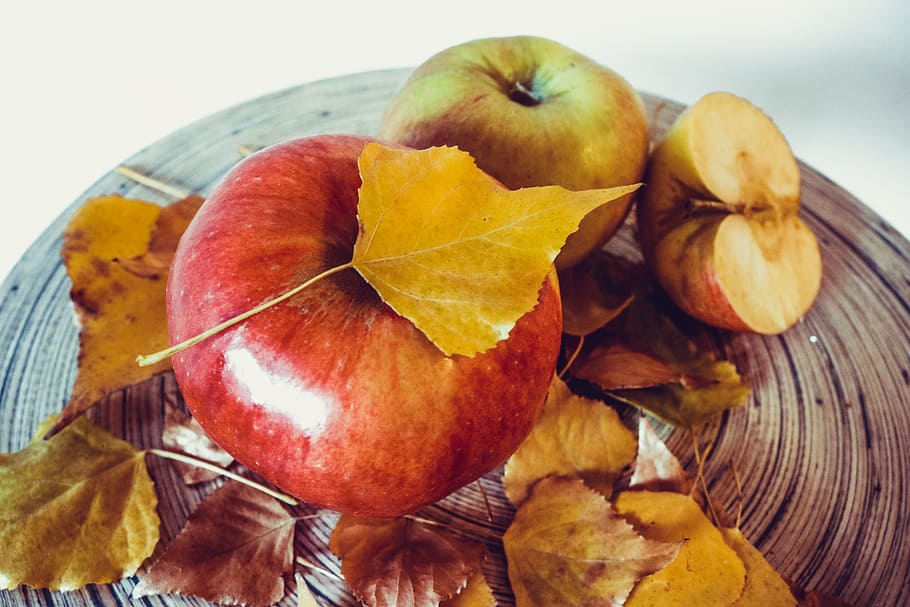apel, musim gugur, daun, emas, buah, makanan, alam, merah, panen, sehat