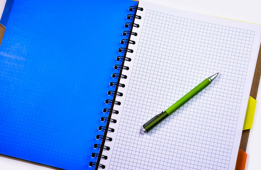 branco, caderno de desenho, verde, clique em caneta, caderno, caneta, lápis, educação, escritório, negócios