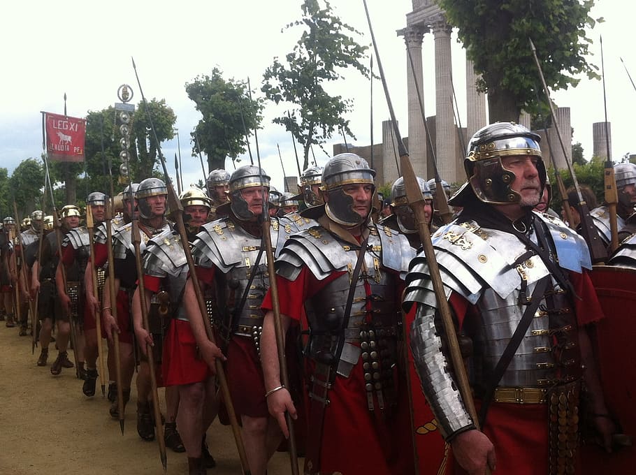 jalur, tentara, memegang, tombak, legiun, roma, kuno, militer, baju besi, sejarah