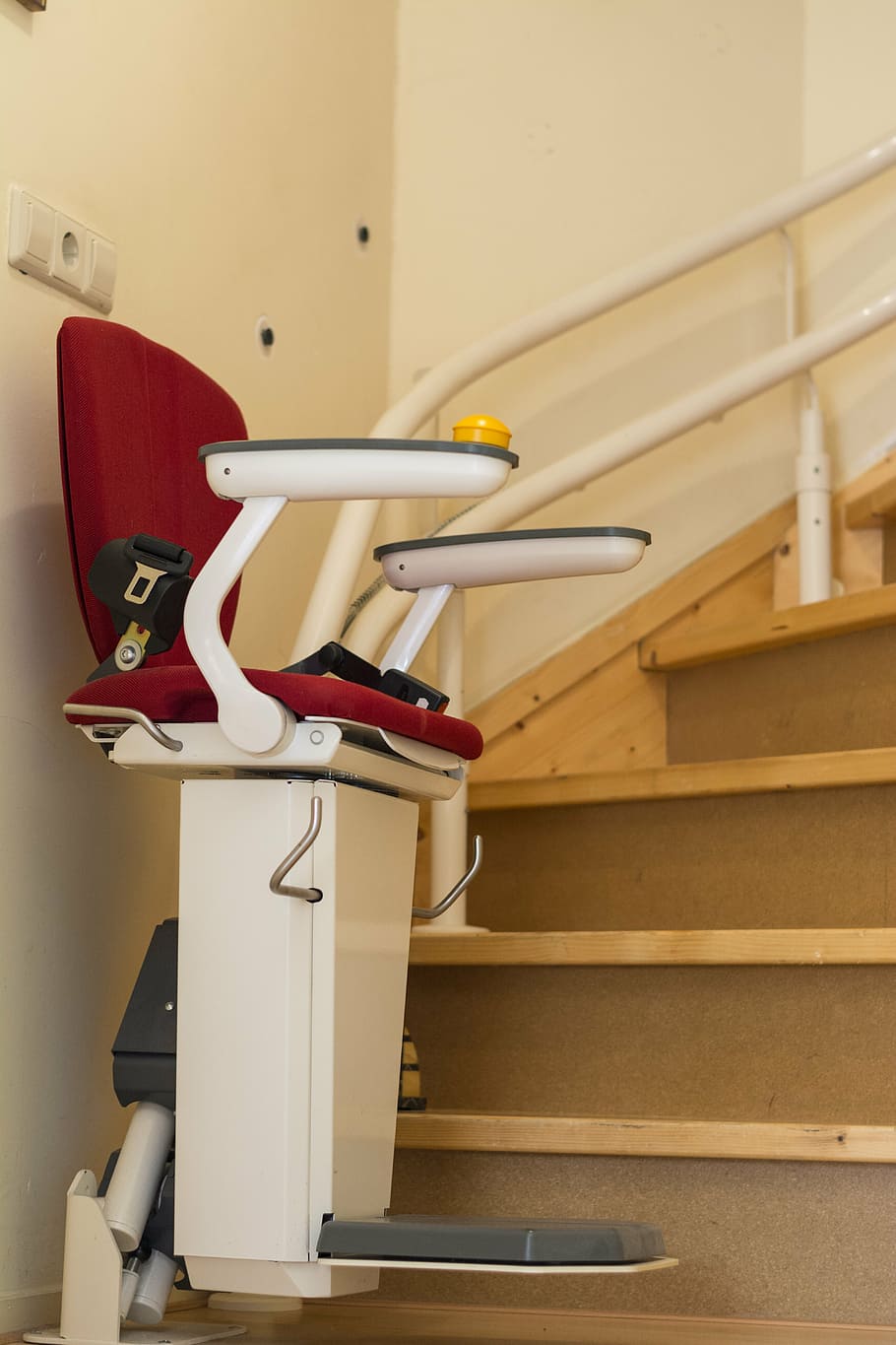 white, red, stair, lift, chair, stair lift, elevator, trap, adjustment, disabled