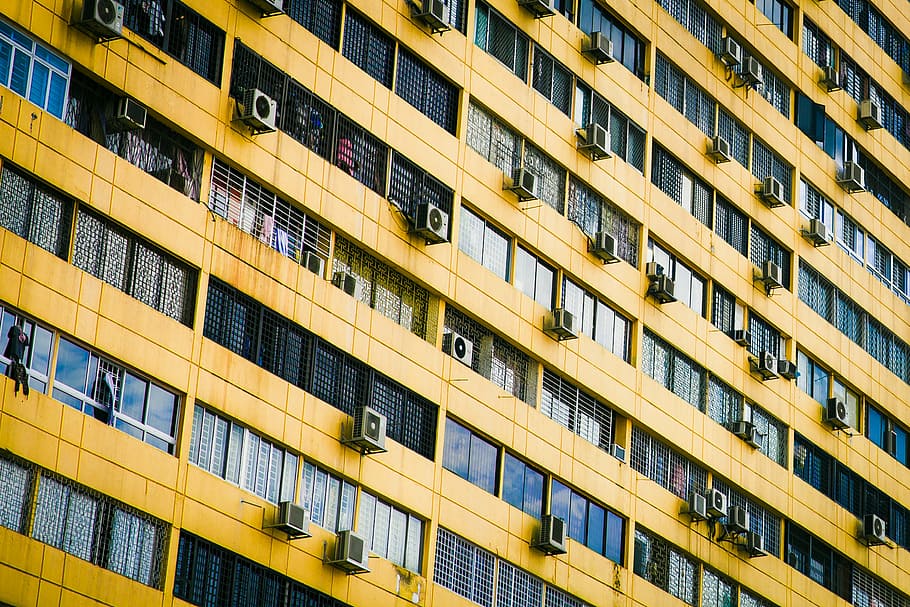 brown, building, glass walls, architecture, yellow, infrastructure, establishment, aircon, window, built structure
