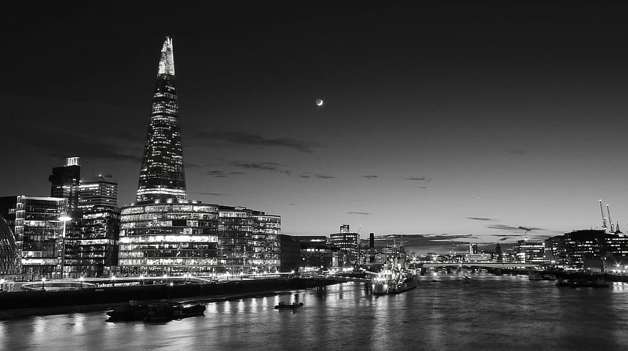 grayscale photo, cityscape, buildings, capital, england, grey scale, london, moon, night, reflections