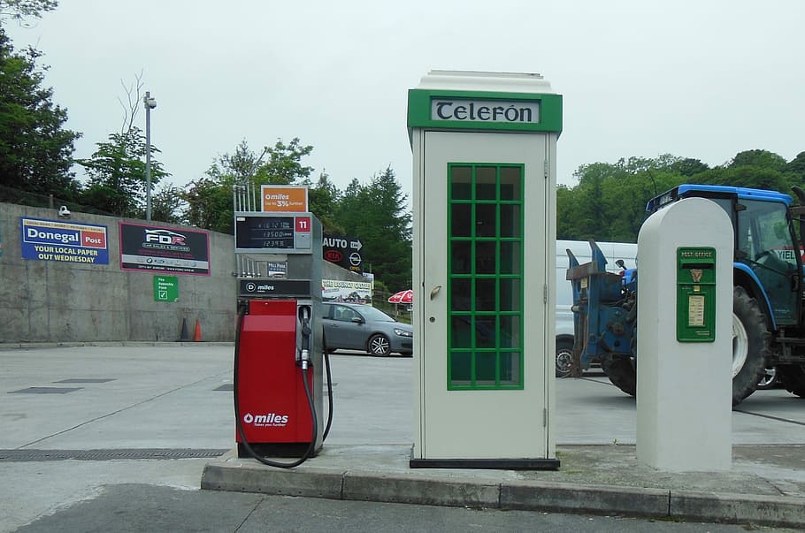 Travel, Ireland, Petrol Stations, Phone, post, telephone booth, pay phone, telephone, communication, day