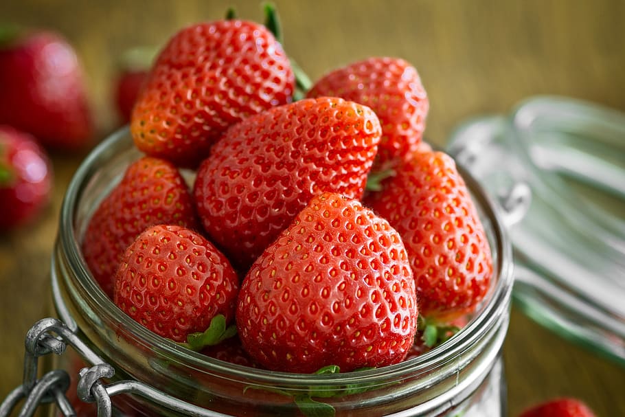 red, fruit, strawberry, glass, jar, desserts, food, fresh, health, healthy eating
