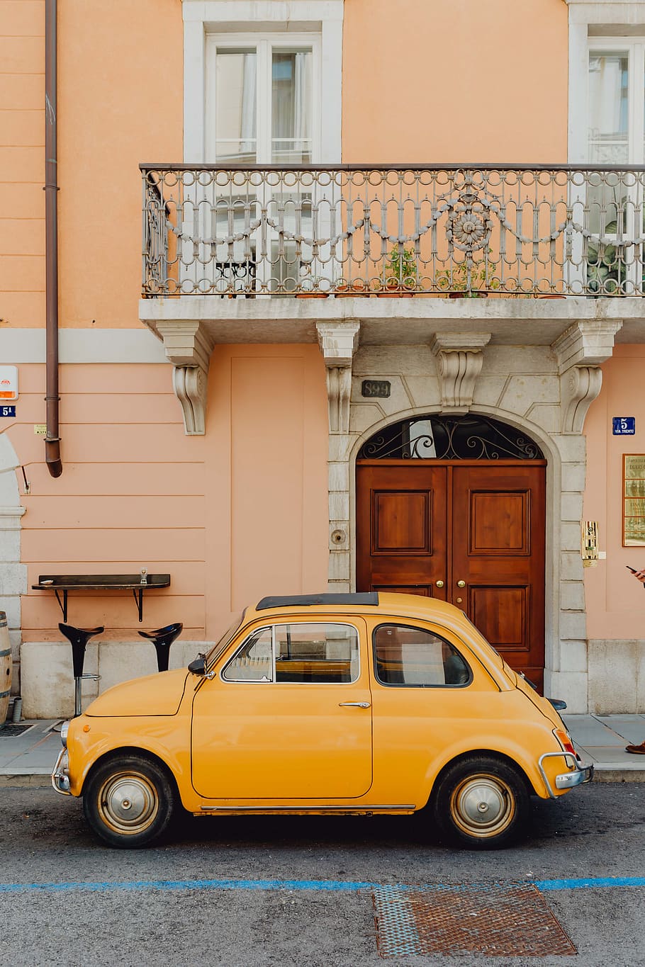 500, tua, vintage, Italia, Eropa, kuning, Mobil, transportasi, jalan, balkon