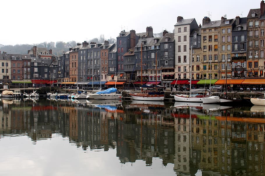 high-rise, buildings, body, water, daytime, France, Honfleur, Normandy, Travel, nostalgia