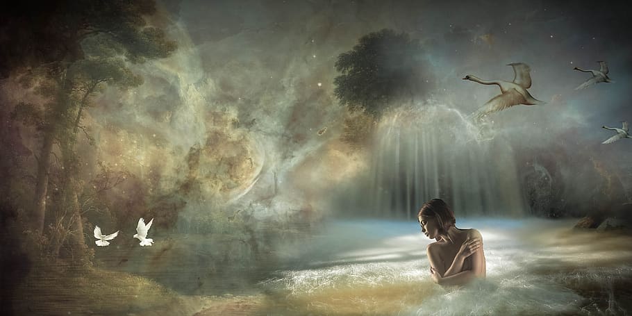 fantasy, world, space, woman, swim, strangers, sky, one person, flying, digital composite