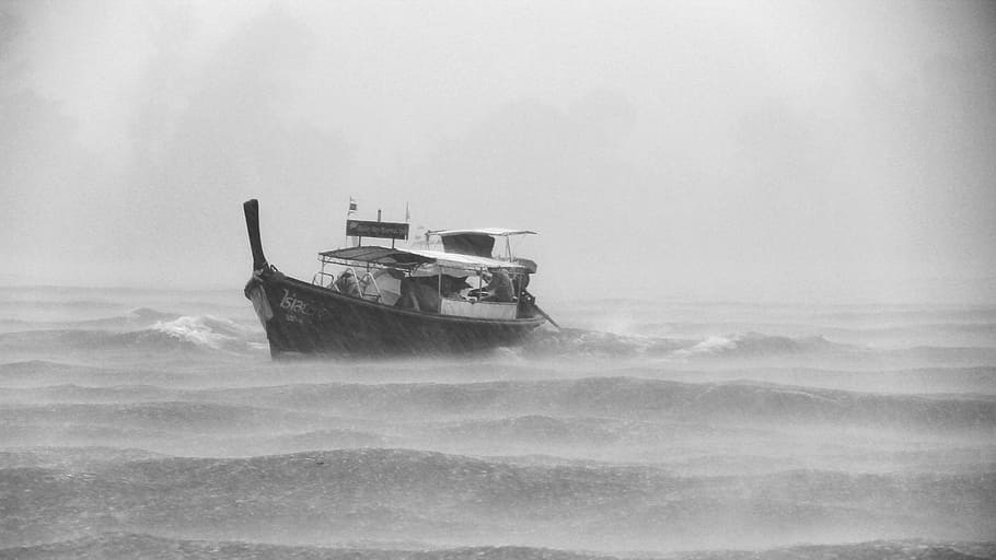 motorboat, wavy, sea, raining, gray, scale, illustration, ship, middle, still