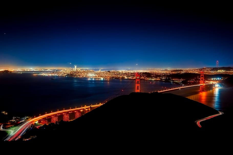 ゴールデンゲートブリッジ, 夜, 夕方, サンフランシスコ, カリフォルニア, 建築, 湾, 有名な交通, サスペンション, 都市景観