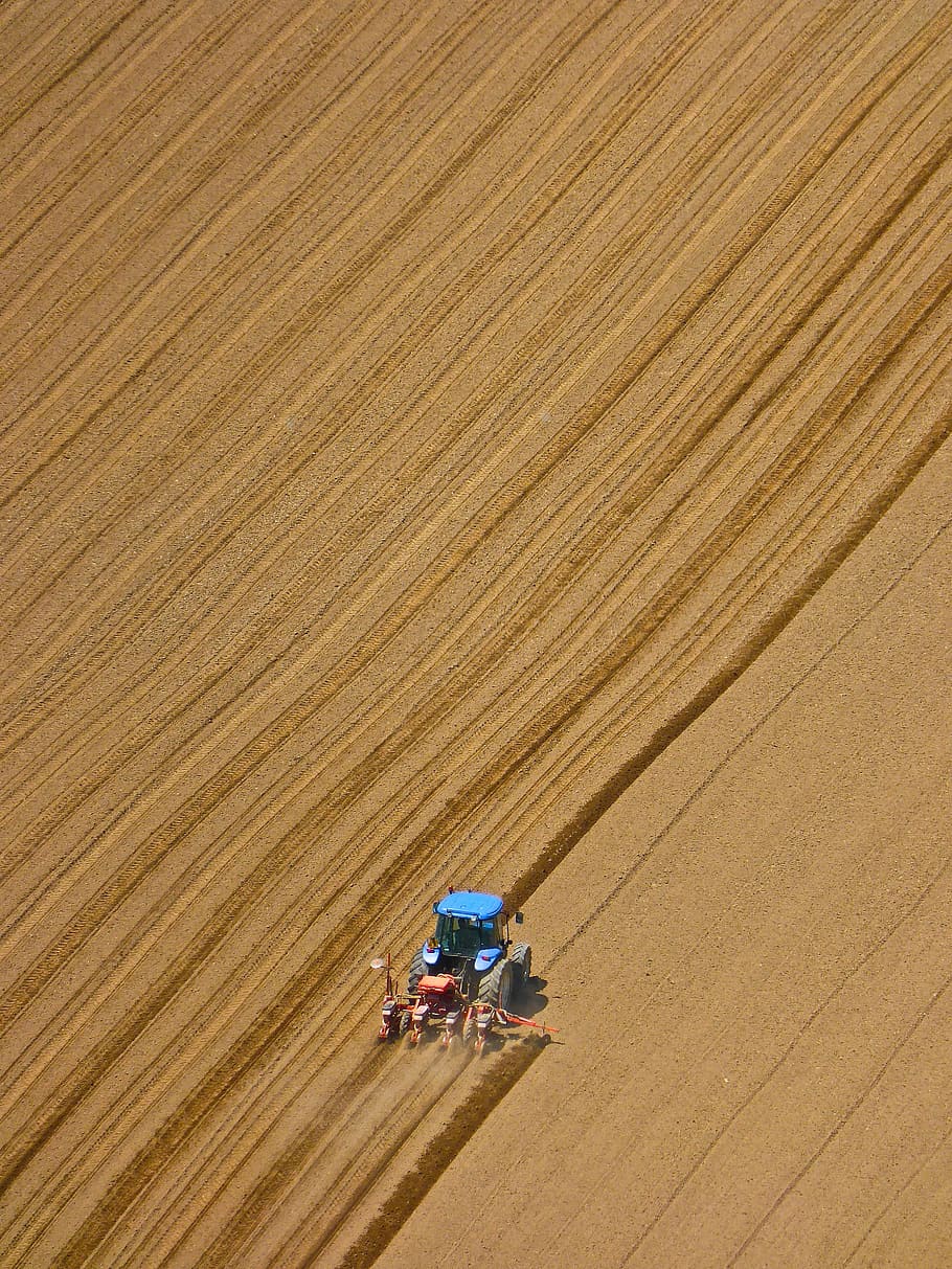 bird-eye, view photography, farm tractor, brown, field, tractor, ploughing, agriculture, cultivation, machinery