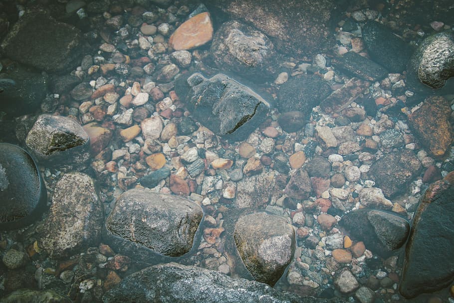 gray, teal surface, teal, surface, black, brown, rocks, stones, water, nature