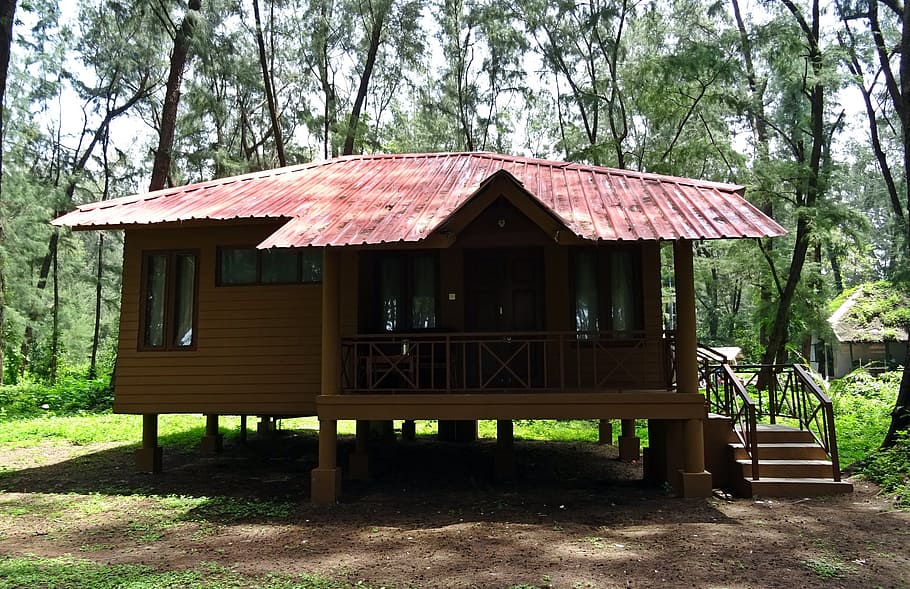 cabaña, casa de vacaciones, madera, bosque, recreación, turismo, devbagh, karwar, india, madera - Material