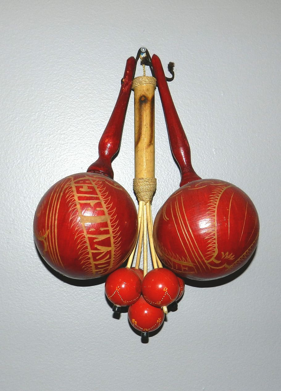 maracas, instrument, music, musical instrument, percussion, decoration, red, indoors, hanging, still life