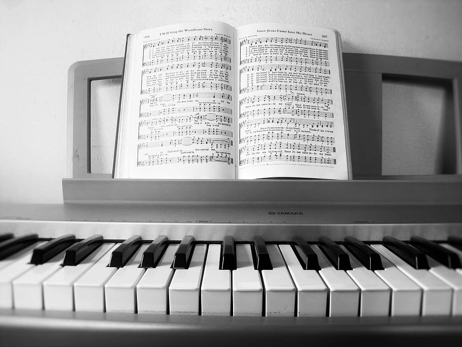 piano, keyboard, hymnbook, song, keys, music, notes, musical instrument, musical equipment, arts culture and entertainment