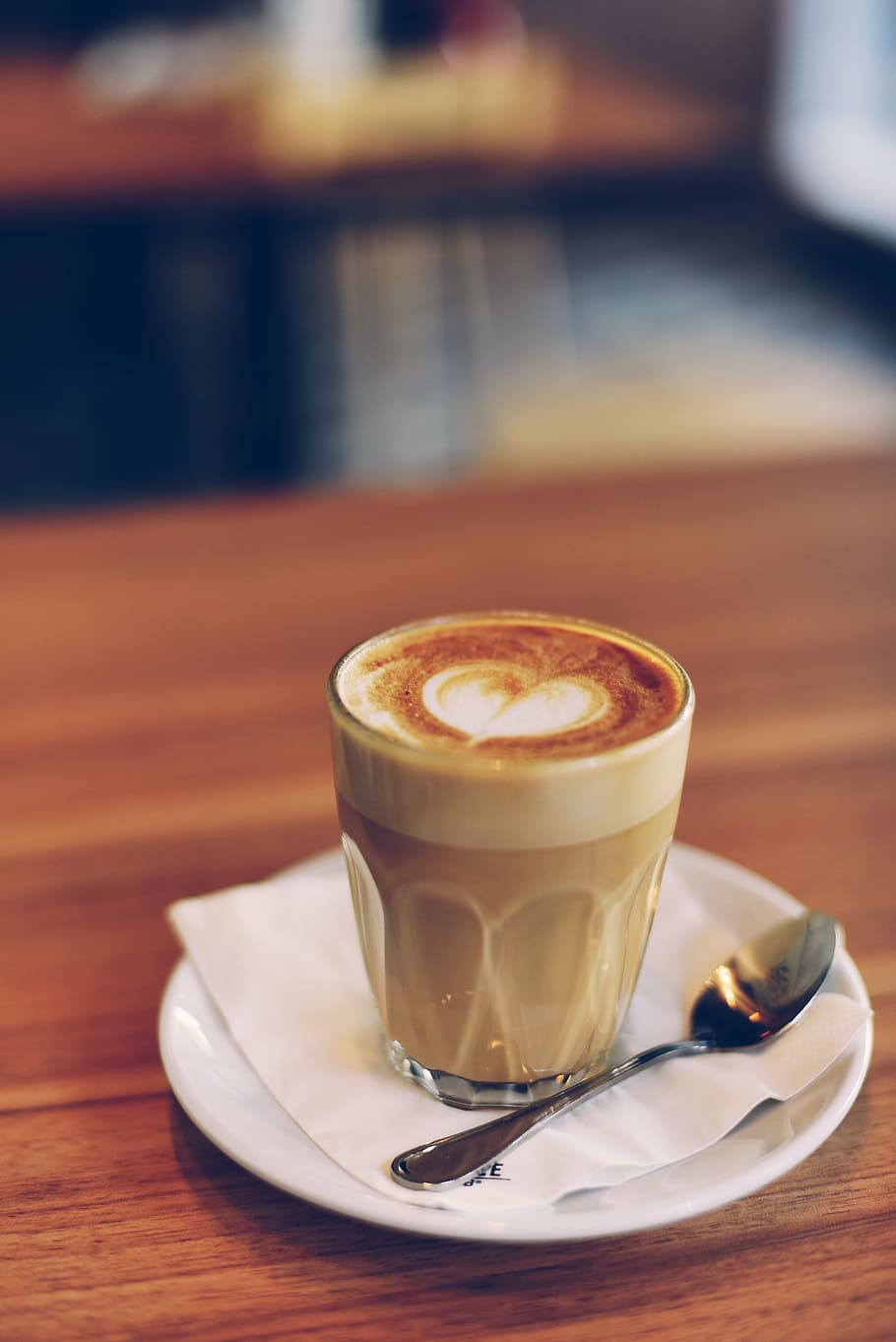 selective, focus photo, glass, latte, white, saucer, coffee, cafe, wood, hot