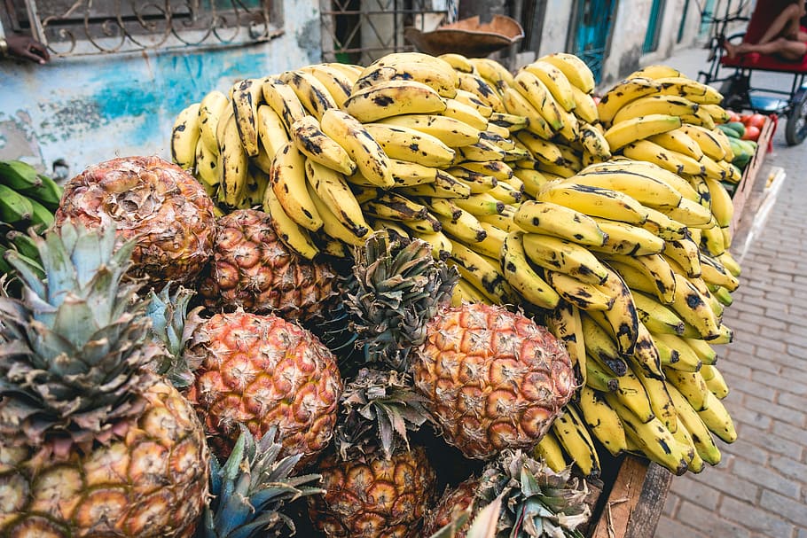 キューババナナ, パイナップル, キューバ, バナナ, カラフル, フルーツ, 外, 夏, 黄色, 食品