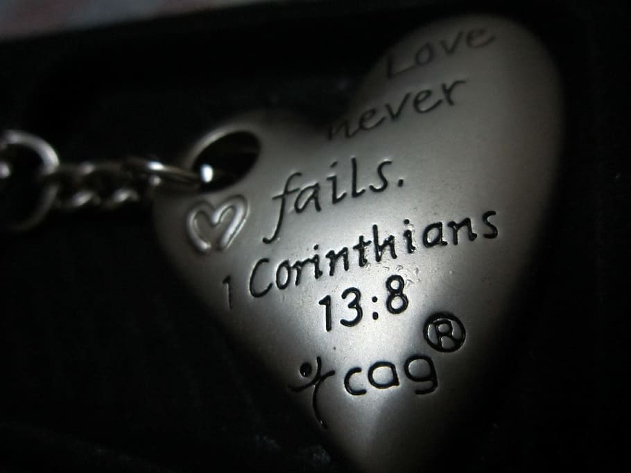 silver-colored, 1, corinthians, 13:8, heart, Keyring, Pendant, Key Fob, Love, keyring pendant