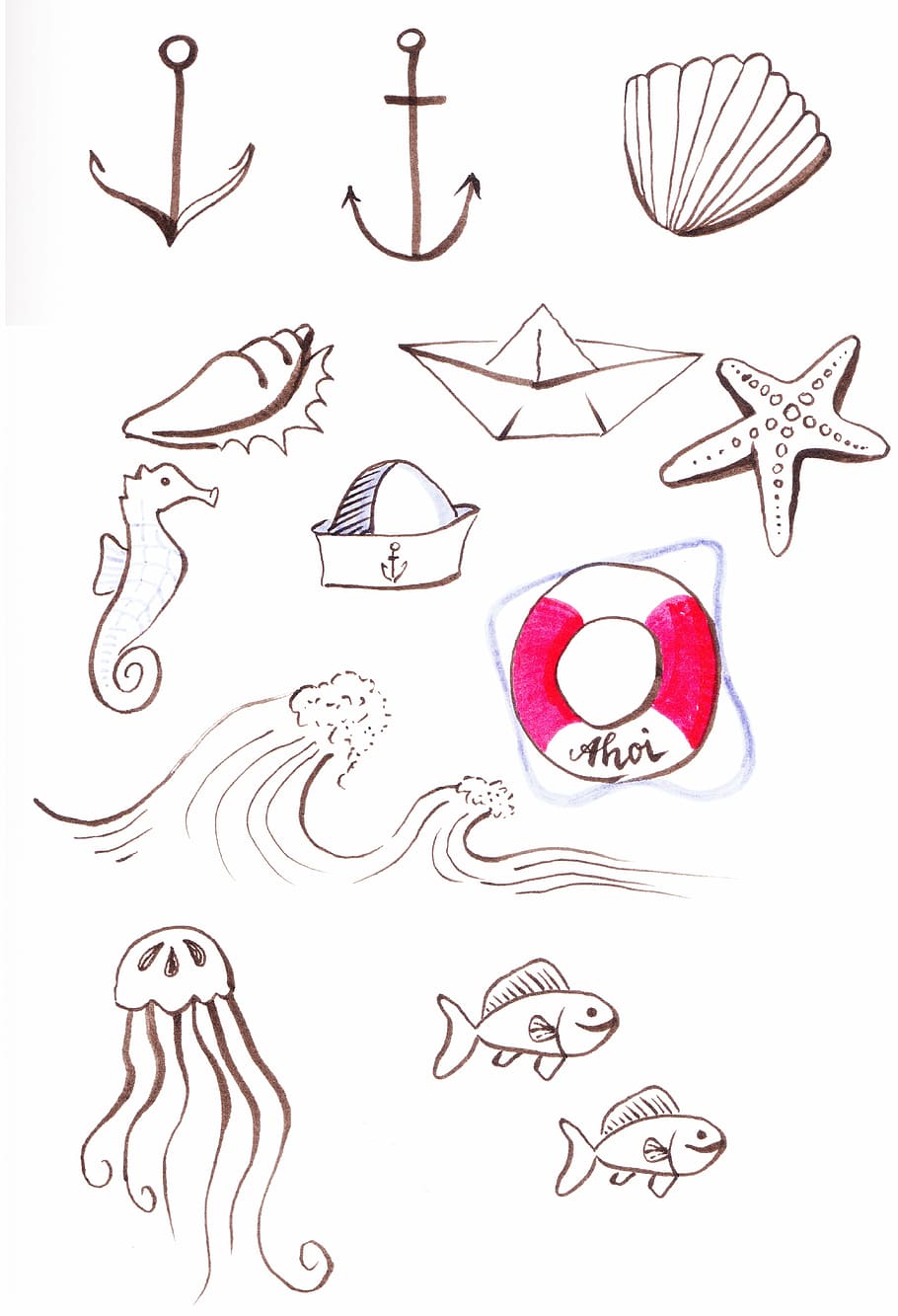 peixe, âncora, cavalo marinho, ilustrações de concha, conjunto de ícones, marítima, mar, desenho, concha, estrela do mar