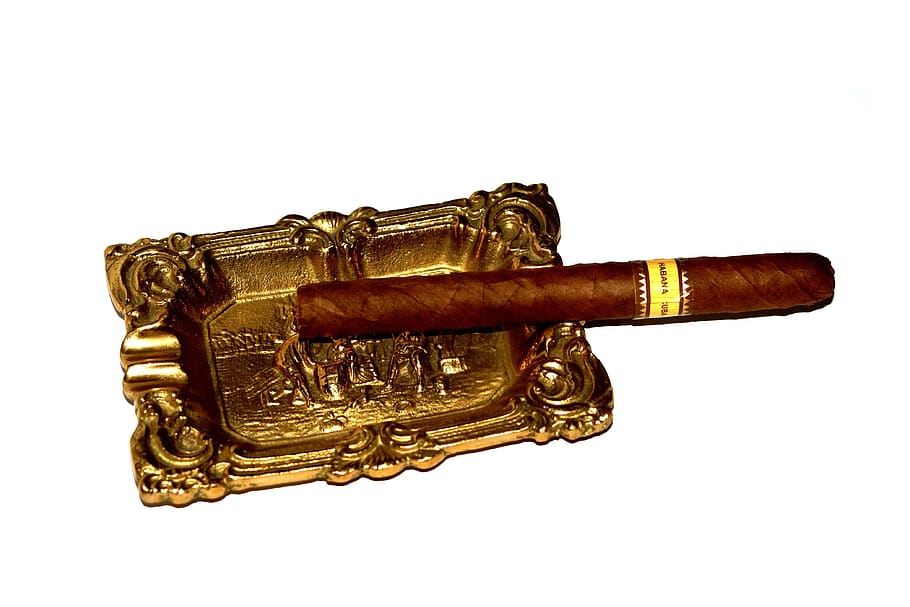 cigar, ashtray, havana, cuba, gold, brown, isolated the, white, peripheral, smoking