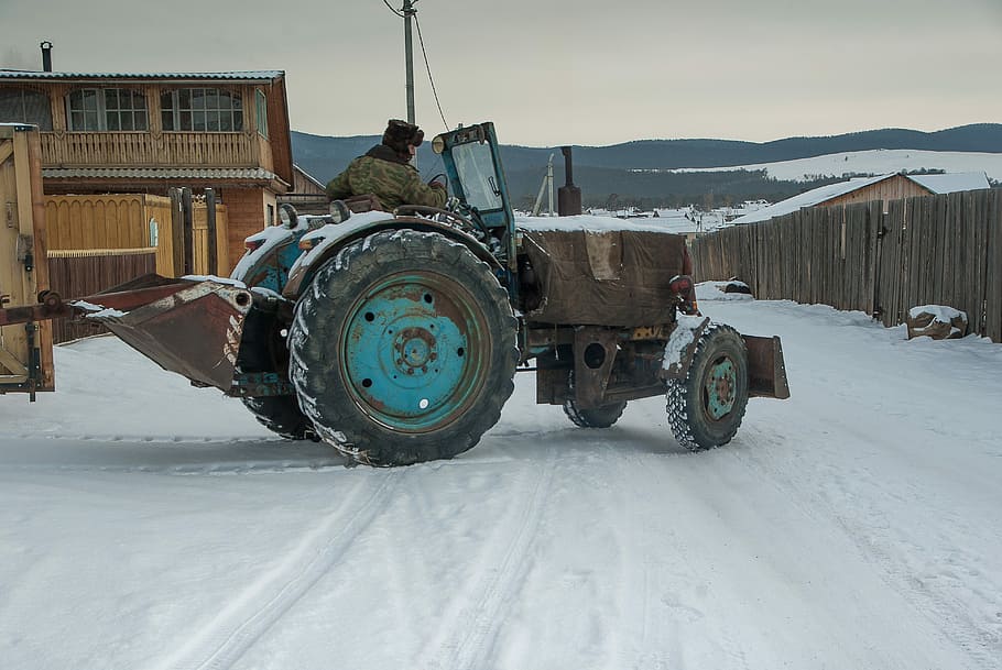siberia, irkutsk, island of olkhon, tractor, snow, cold temperature, winter, transportation, mode of transportation, nature