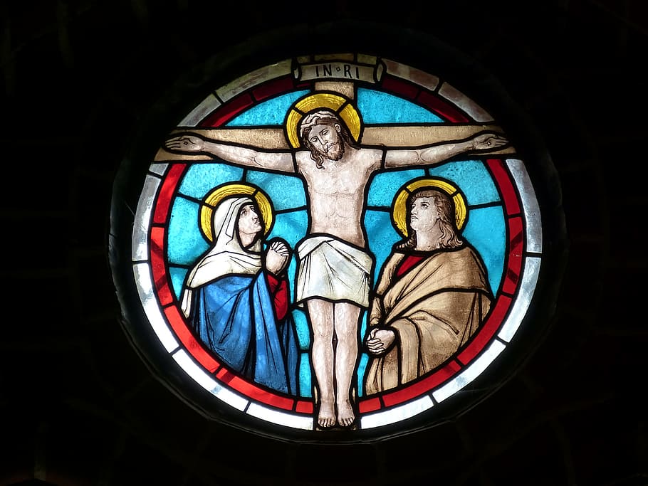 crucifix mosaic artwork, church, window, church window, stained glass, church, window, color, glass, old window, glass window