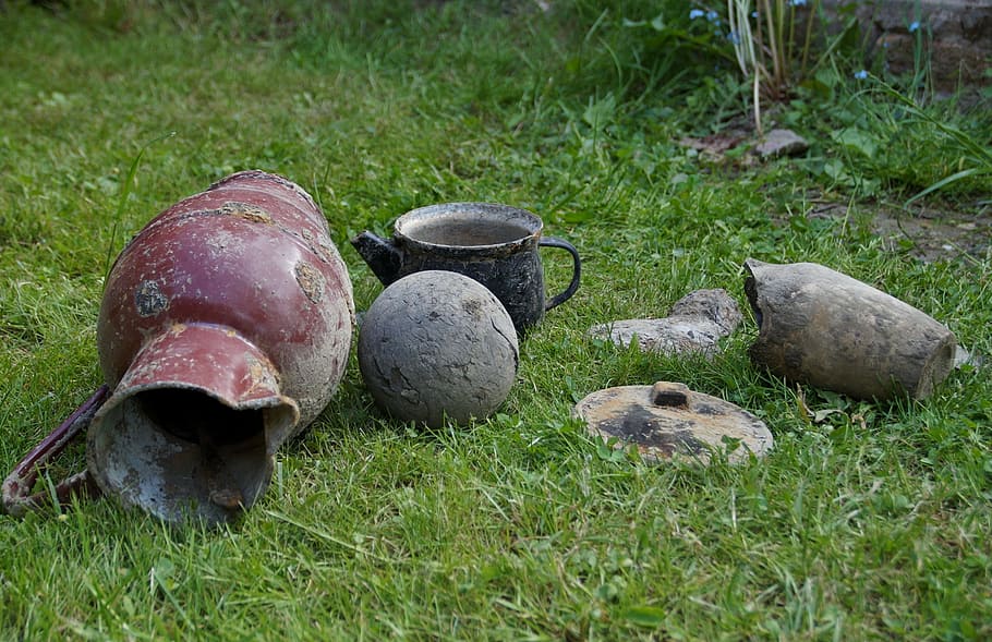 junk, find, old, iron collection, grass, plant, nature, land, field, day