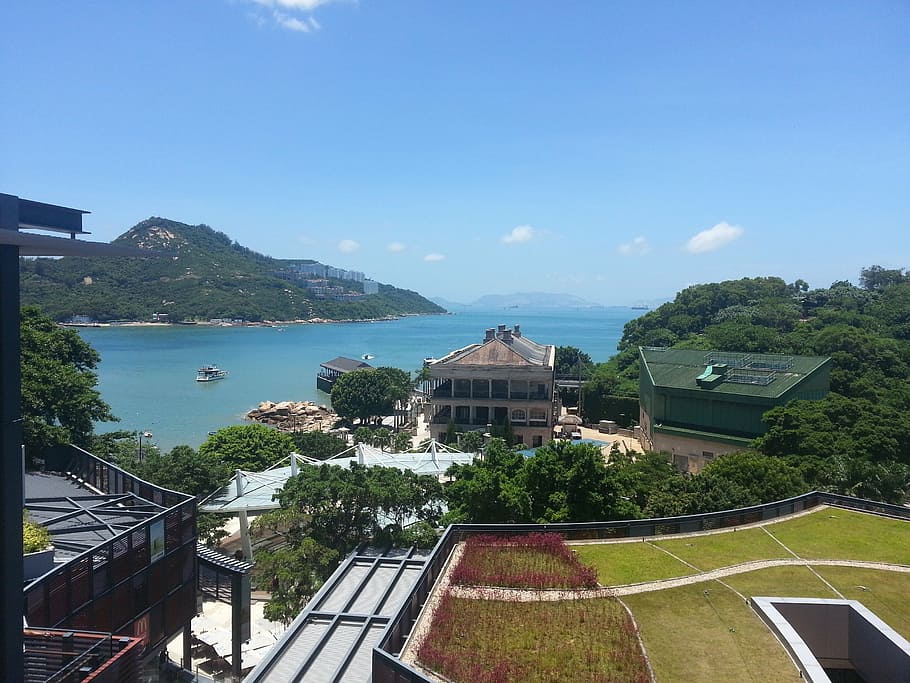 Stanley, Hong Kong, vista para o mar, céu, azul, sol, ensolarado, porto, arquitetura, estrutura construída