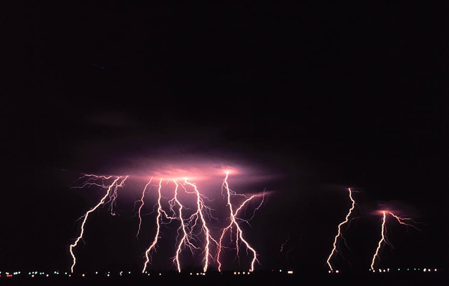 thunder storm illustration, norman, oklahoma, lightning, dangerous, bolt, electricity, night, evening, colorful