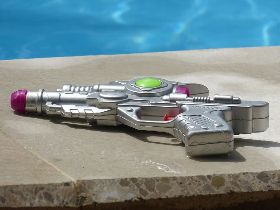 toy, water gun, summer, plastic, wet, pool, water, nature, day, still life