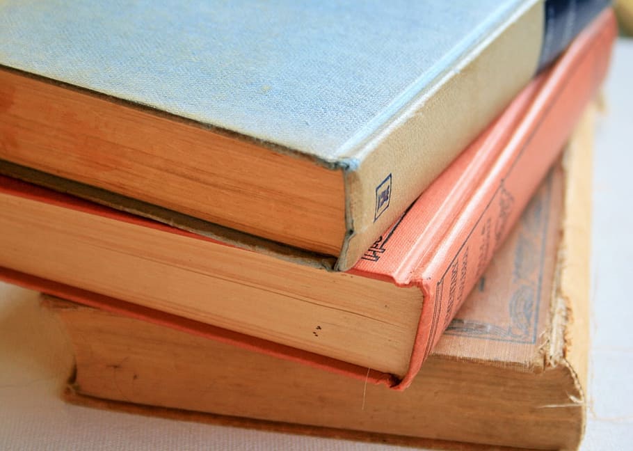 three, pile, books, old, worn, stacked, vintage, antique, cover, page