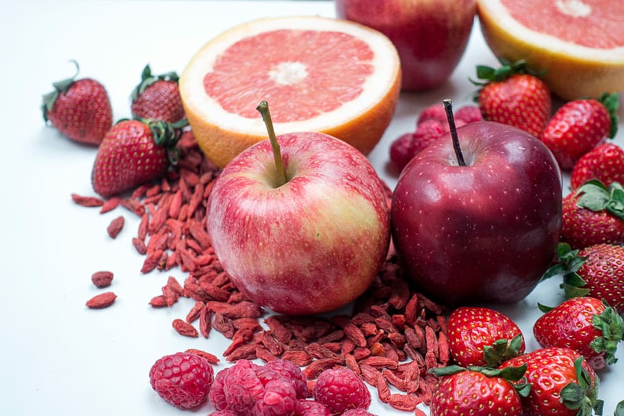 merah, apel, buah, buah merah, segar, goji, grapefruit, sehat, stroberi, latar belakang putih