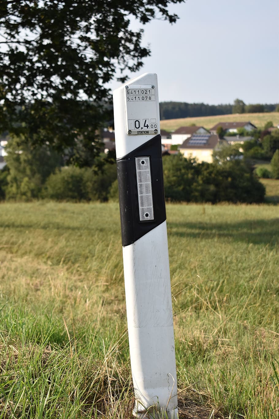 delineator posts, guide peg, limit stake, pillar, roadway, road, village, road post, street boundary pillar, meadow