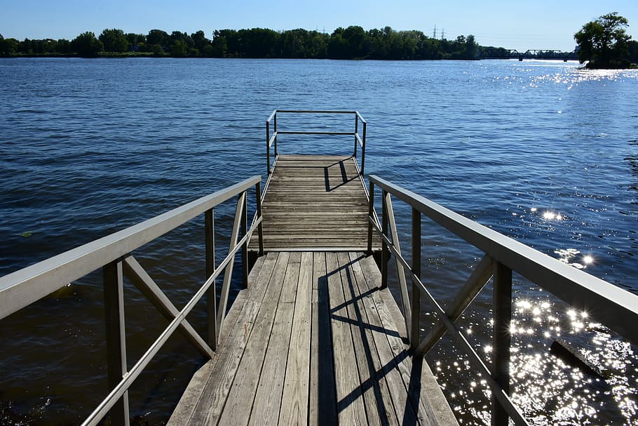 brown, wooden, dock, body, water, Quay, River, Water, Sky, Trees, Summer