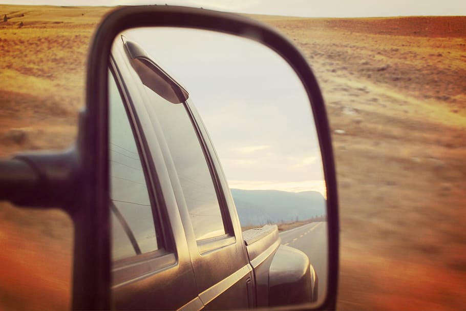 selectiva, fotografía, negro, espejo lateral, reflexión, viaje, desierto, carretera, Transporte, modo de transporte