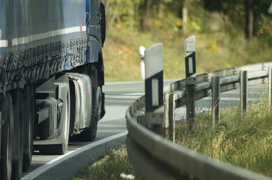 truck, road, guard rail, transport, freight transport, delineator posts, curve, asphalt, away, country road