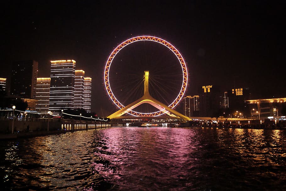 Roda gigante, noite, Tianjin, China, iluminado, longa exposição, arte, cultura e entretenimento, destinos de viagem, ao ar livre