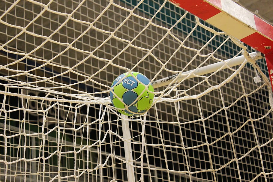 blue, green, soccer ball, white, net, ball, handball, training, goal, hall