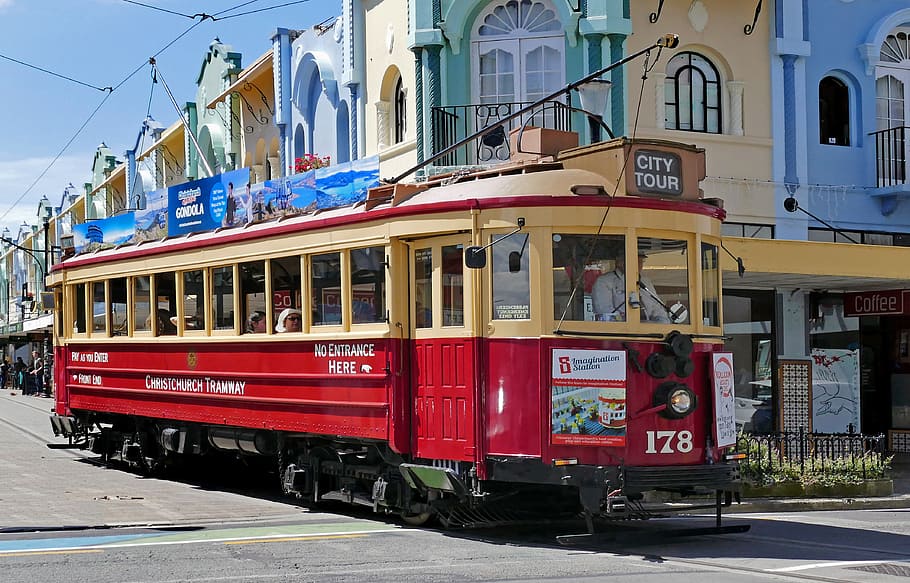 Tram, Brill, Christchurch, NZ, beige, bus, building, sky, daytime, mode of transportation