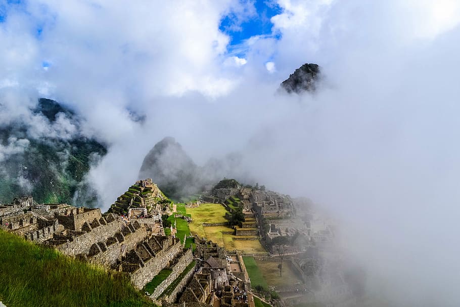 antigua, ruinas, ruinas antiguas, Machu Picchu, Perú, nubes, paisaje urbano, fotos, dominio público, montaña
