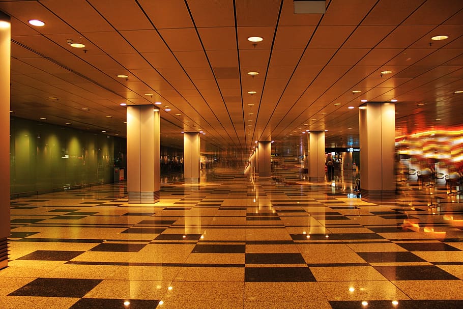 hallway, place, post, wall, floor, gold, illuminated, architecture, built structure, architectural column